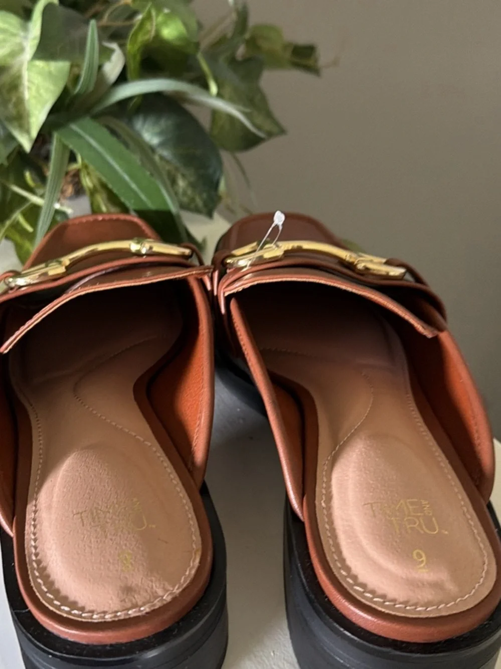 Time and Tru Tan Slip-On Sandal Mules with Gold Hardware